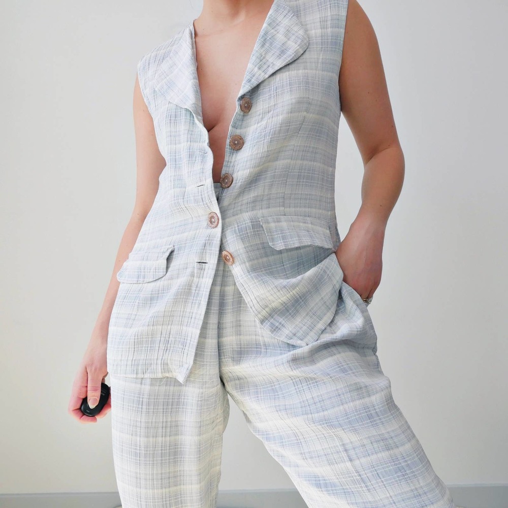 Vintage Light Blue Plaid Blazer Vest and Pants set